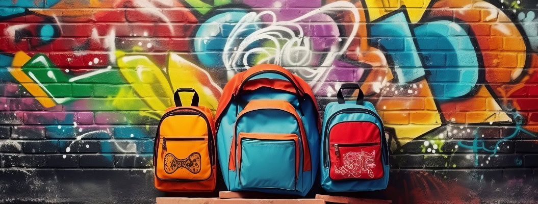Zurück zur Schule und glückliche Zeit! Rucksack und Schulsachen vor einer Graffitiwand in der Grundschule. Erstellt mit dem AI-Tool