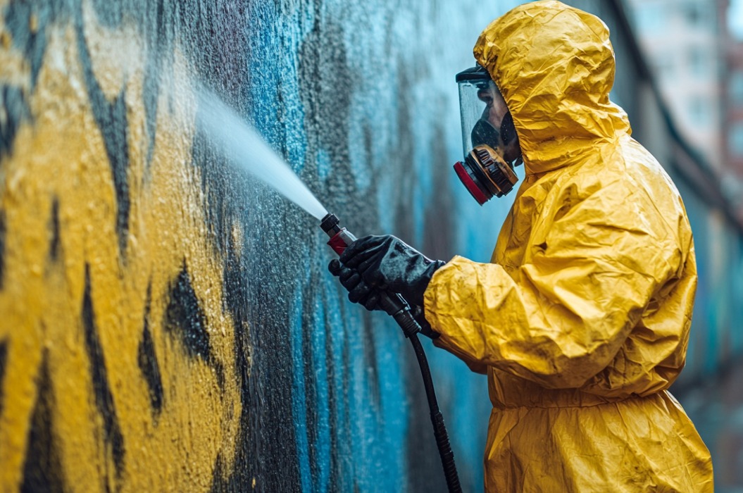 Ein Mann in einem gelben Regenanzug wäscht mit einem Hochdruckreiniger Graffiti von einer Wand ab.
