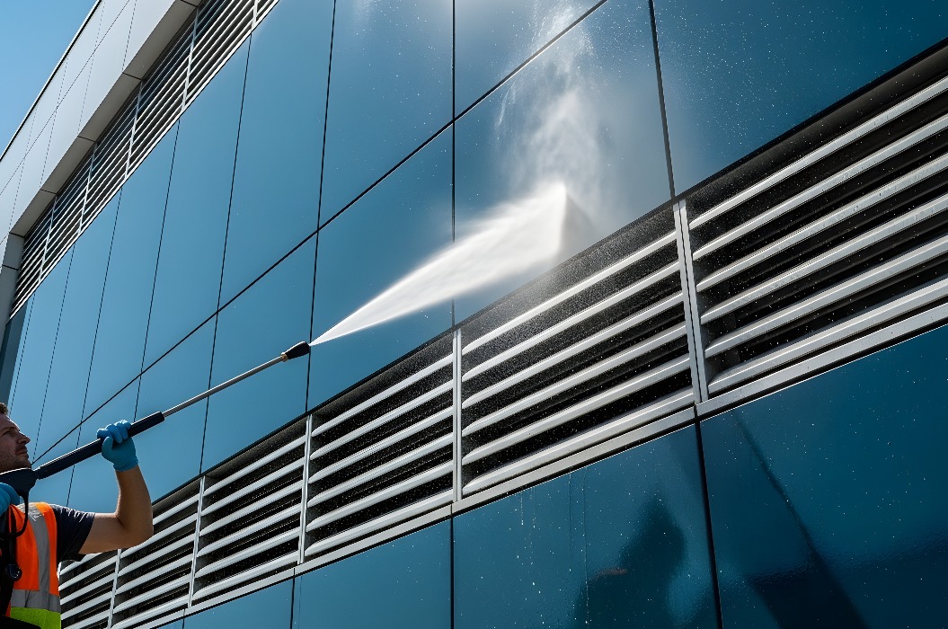 Professionelle Hochdruckreinigung für die Fassade eines modernen Bürogebäudes.