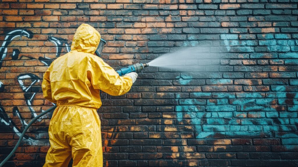 Arbeiter in Schutzanzug entfernt Graffiti von einer Backsteinmauer